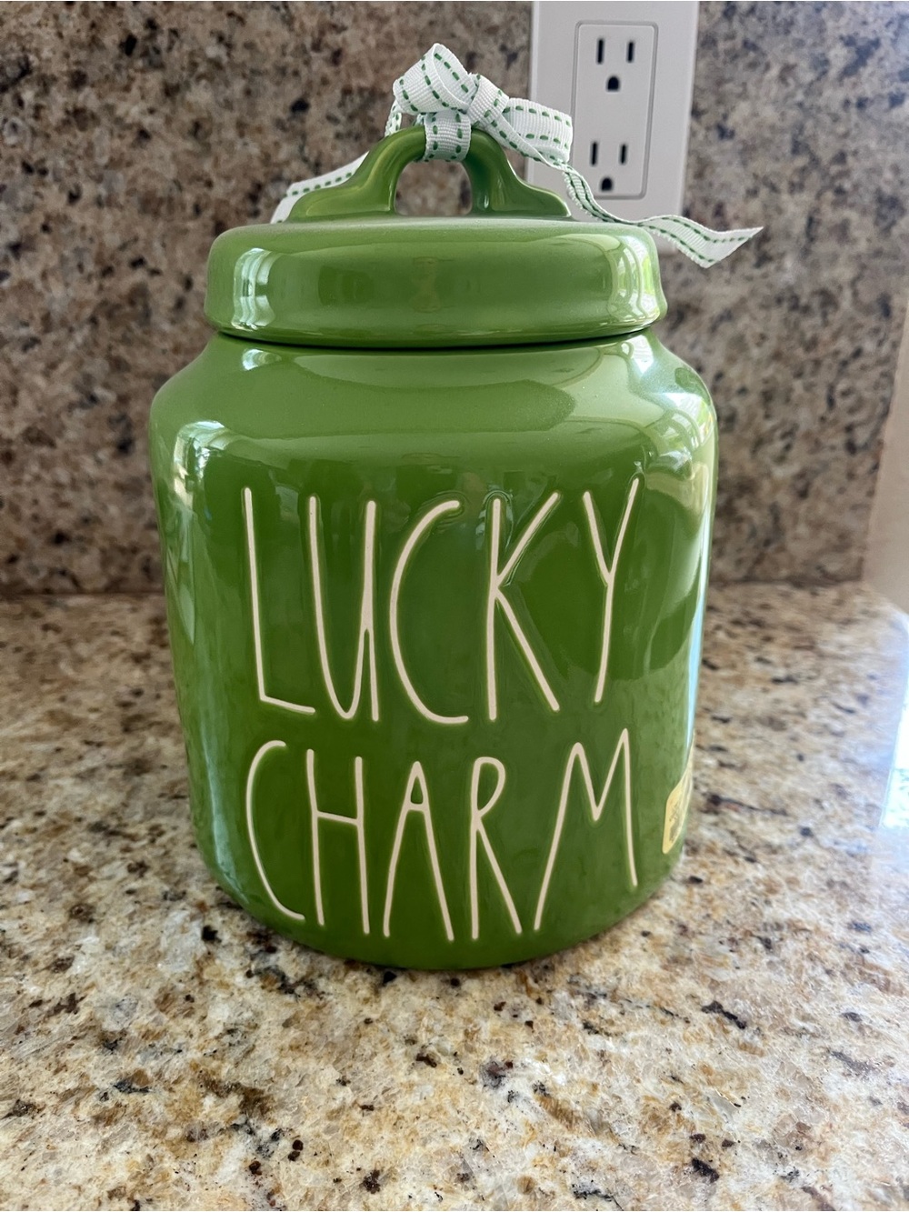 Rae Dunn Green 'Lucky Charm' Ceramic Canister with Ribbon Lid St Patrick’s